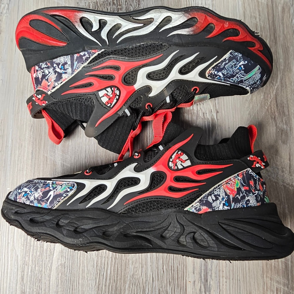 Zhifeng Mens Flame Graphic Chunky Sneakers 44 Black Red Y2K Cyber Streetwear